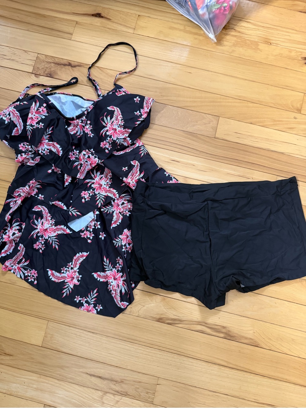 Amazon Women's Black Floral Tankini with Black Swim Shorts